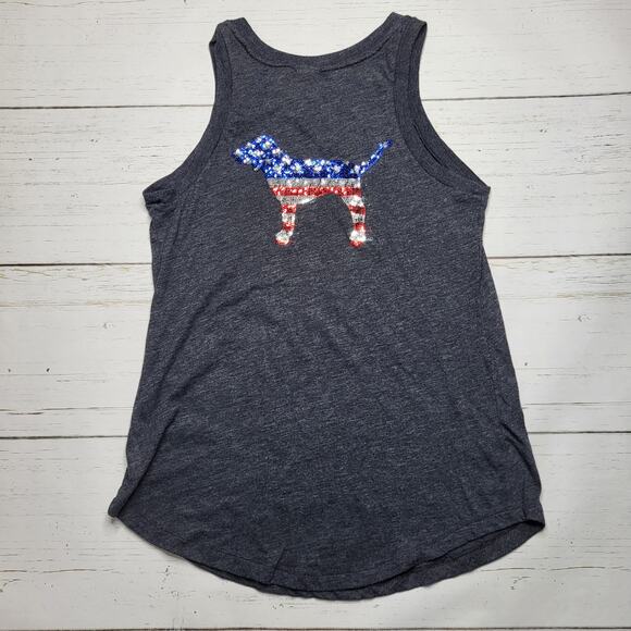 Victoria's Secret Pink Bling Tank Top American Patriotic Glitter Dog Gray XS - Picture 2 of 7